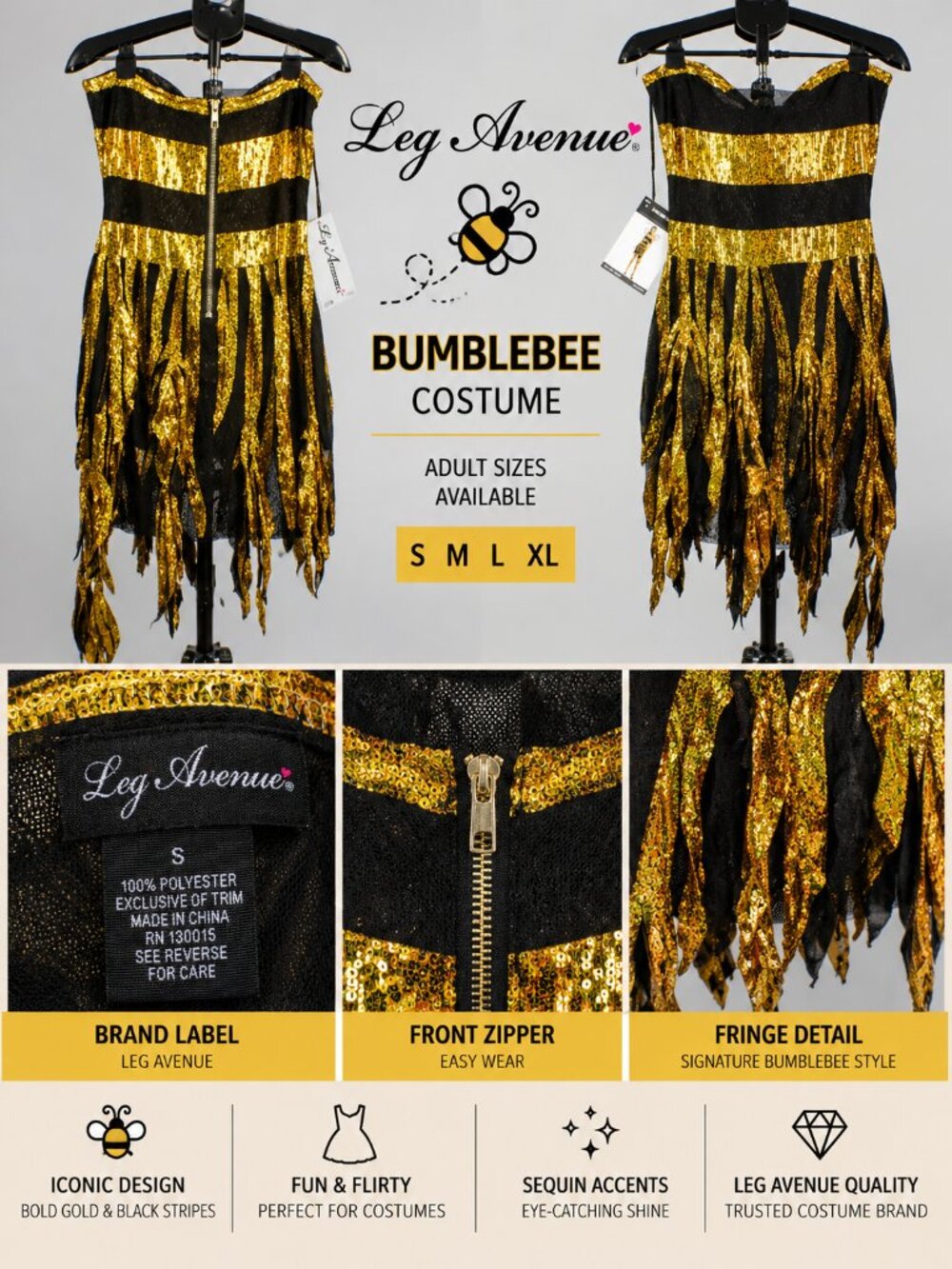 Leg Avenue Bumblebee Costume Dress Gold Sequin Shredded Cyber Y2K Halloween